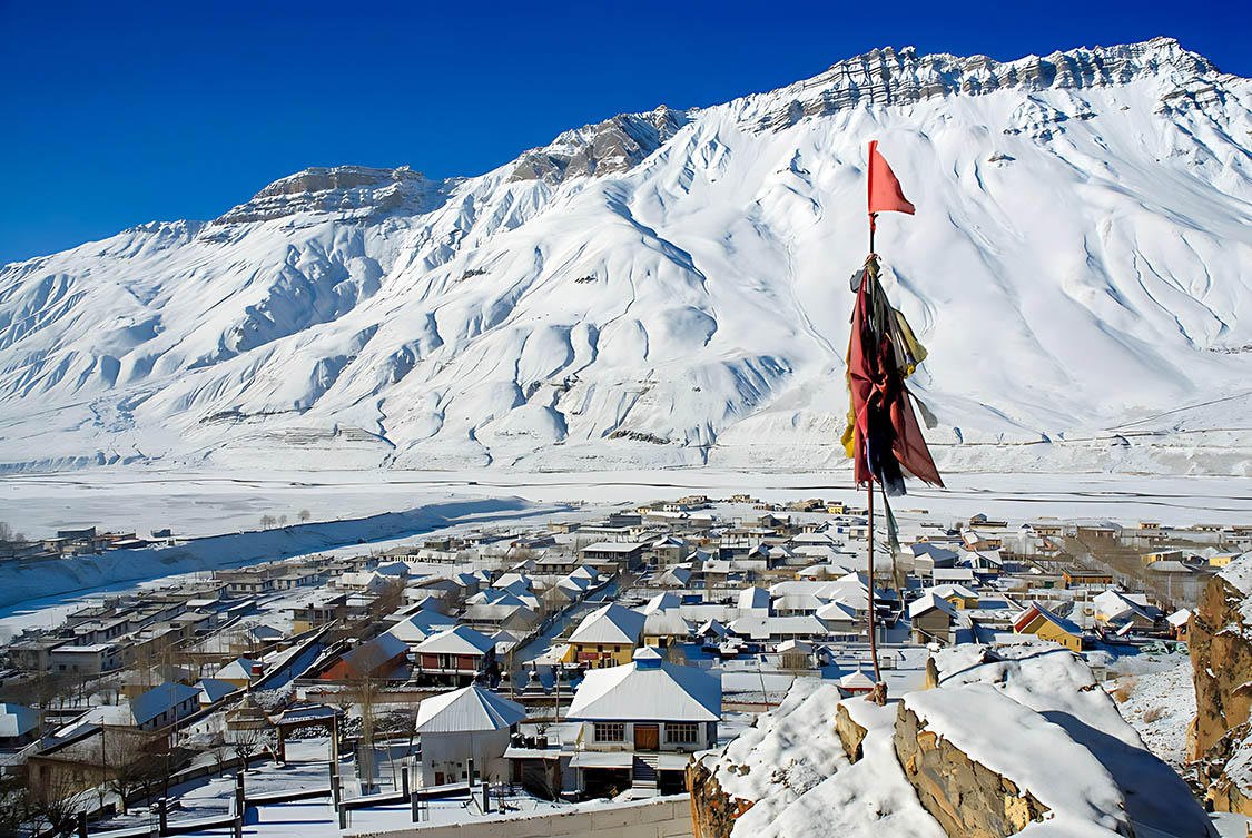 Kaza under snow in winter Spiti